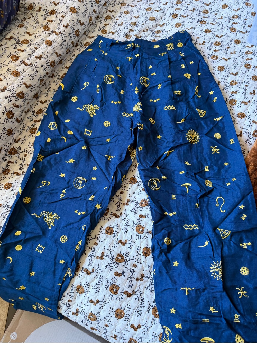 Samantha Pleet Navy Blue Wide-Leg Trousers with Yellow Celestial Print - Picture 1 of 3